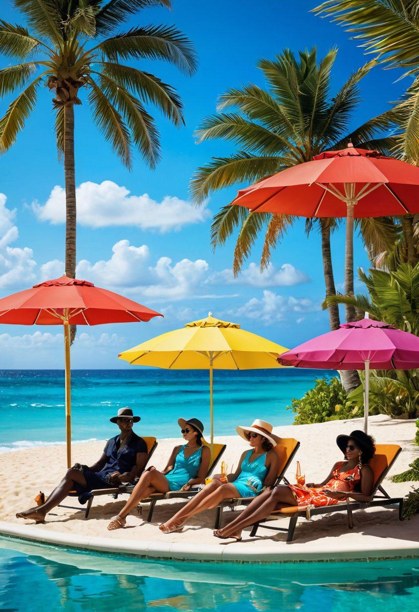 A chic beach scene highlighting stylish beach fashion: a diverse group of fashionably dressed individuals lounging by a pool, colorful tropical cocktails in hand, vibrant beach umbrellas, and sun hats. The background shows a sparkling ocean and palm trees under a bright sun, suggesting a paradise vibe. Incorporate elements of luxury and relaxation, capturing both poolside and beach aesthetics. vibrant colors. super-realistic.