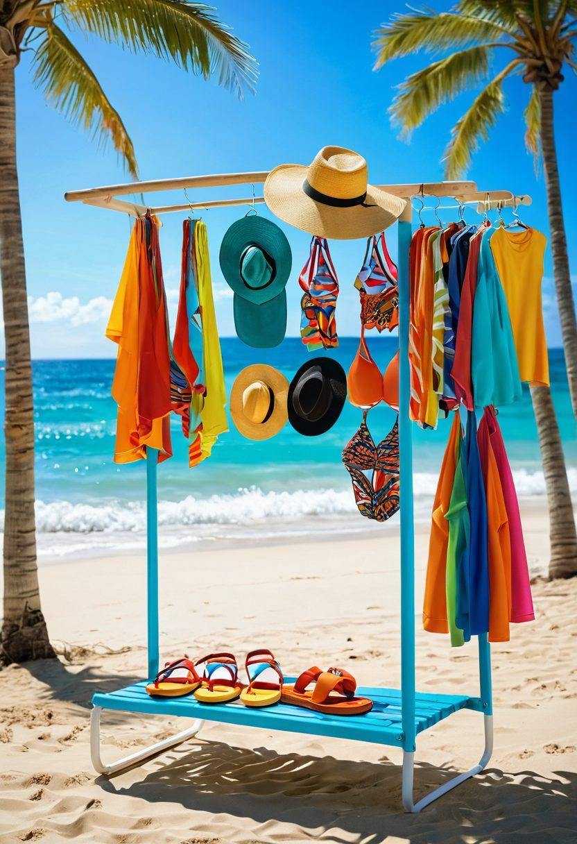 A sunny beach scene featuring stylish swimwear on a colorful display rack surrounded by vibrant beach accessories like hats, sunglasses, and flip-flops. In the background, a clear blue ocean waves gently lapping at the shore and happy people basking in the sun. Add tropical elements like palm trees and beach umbrellas. vibrant colors. super-realistic.